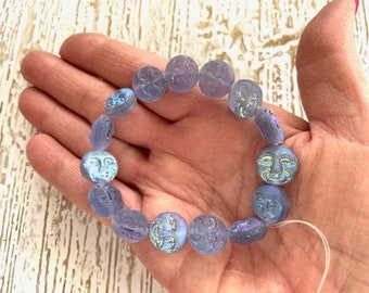 Blue Czech Glass Moon Face Beads - (15) Czech Beads With Man-In-Moon - Beading Supplies