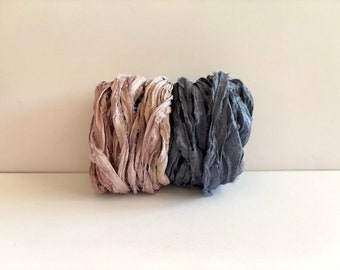 Sari Silk Ribbon - Recycled Sari Silk Ribbon - Mushroom & Charcoal, 5 Yds Each, 10 Yds Total, Lot G