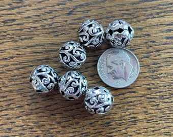 11mm Bali Style Pewter Filigree Beads - 6 Pewter Focal Beads - Beading Supplies