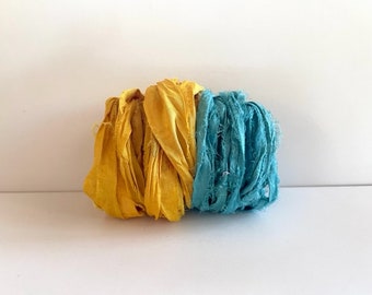 Sari Silk Ribbon - Recycled Sari Silk Ribbon - Goldenrod & Ocean Blue, 5 Yds Each,  10 Yds Total