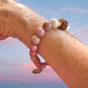 Pulseira de pedra preciosa Rodocrosita - Pulseira de Yoga Rosa - Pulseira de Energia Elástica