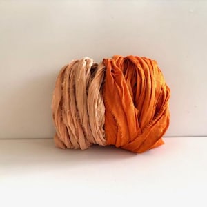 Sari Silk Ribbon - Recycled Sari Silk Ribbon - Peach & Tangerine, 5 Yards Each Color, 10 Yards Total, Lot D