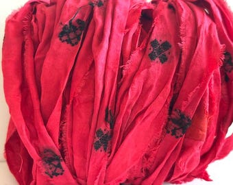 Recycled Sari Silk Ribbon - Sari Silk Ribbon - Red With Embroidery, 10 Yards Mixed Media Ribbon
