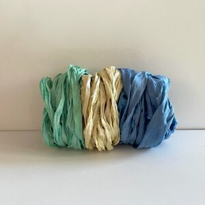 Sari Silk Ribbon Recycled Sari Silk Ribbon Aqua, Butter, Blue, 5 Yds Each, 15 Yds Total image 2
