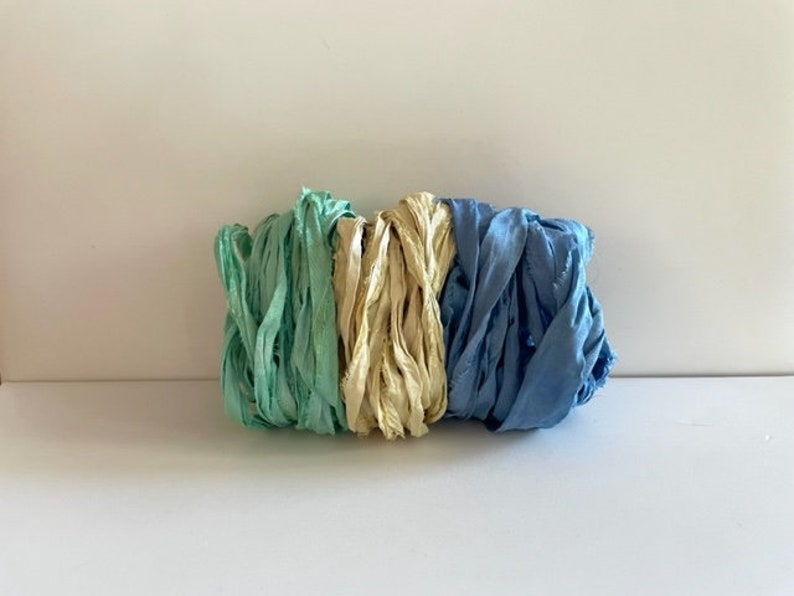 Sari Silk Ribbon Recycled Sari Silk Ribbon Aqua, Butter, Blue, 5 Yds Each, 15 Yds Total image 2