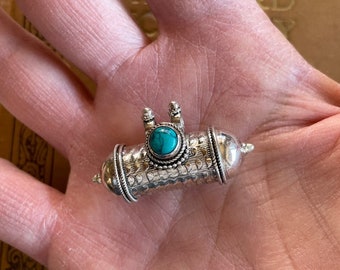 Silver & Turquoise Bali Pendant - Bali Silver Barrel Pendant - Turquoise Pendant