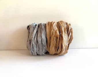 Silk Sari Ribbon - Recycled Sari Silk Ribbon - Gray & Mushroom, 5 Yards Each, 10 Yards Total