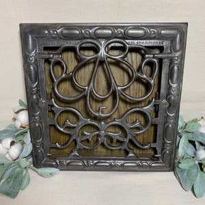 Vintage Cast Iron Vent Cover Wall Decor: Restored Patina, Oak Shadow Box