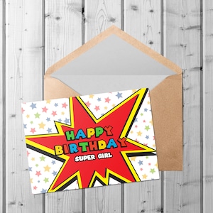 Tarjeta de cumpleaños personalizada e imprimible digitalmente de Super Girl (4x6, 5x7). Super Kids.