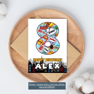 Custom Superhero Birthday Card Printable,Editable Instant Download Canva Template Superhero City Bubbles Birthday Card - Age 8