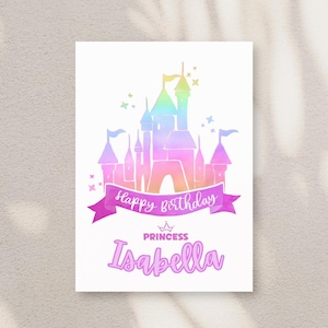 Carte d'anniversaire imprimable numérique personnalisée 5 x 7 (pliée). Carte d'anniversaire château de princesse. Modèle Canvas à téléchargement immédiat