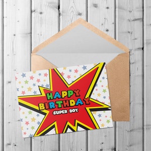 Tarjeta de cumpleaños personalizada e imprimible digitalmente de Super Boy (4x6, 5x7). Super Kids.