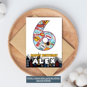 Cartão de aniversário de super-herói personalizado para impressão, modelo de download instantâneo editável do Canva Cartão de aniversário de bolhas da cidade de super-heróis - 6 anos