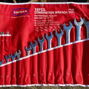 May include: A red tool roll with a set of 16 combination wrenches. The wrenches are chrome-plated and arranged in size order. The tool roll has the text "TOOLEX" and "16PCS. COMBINATION WRENCH SET". The wrench sizes range from 1/4 to 1 1/4 inches.