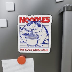 Die-Cut Magnet, Funny Fat Cat eating NOODLES, Cute Fridge Magnets, Kitchen Decor, Cat Lover Gift, Unique Magnet, Animal Lover Gift, Kitten