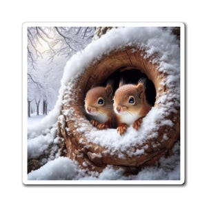 Squirrel Babies Magnets - Cute Winter Wildlife Fridge Decor, Woodland Animal Kitchen Decoration, Snowy Tree Scene Refrigerator Magnets,