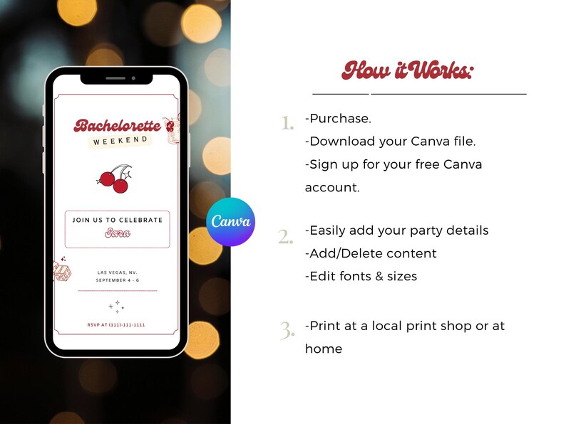 May include: A digital mockup of a bachelorette weekend invitation on a smartphone screen. The invitation features a red and white cherry illustration and the text "Bachelorette Weekend" and "Join us to celebrate Joea". The invitation also includes the location "Las Vegas, NV" and the date "September 4-6".