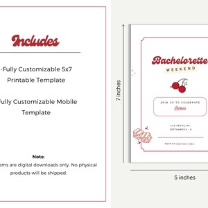 May include: Printable Bachelorette Weekend invitation template with a cherry design. The template is 5x7 inches and includes a mobile version.