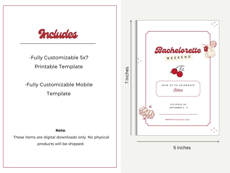 May include: Printable Bachelorette Weekend invitation template with a cherry design. The template is 5x7 inches and includes a mobile version.