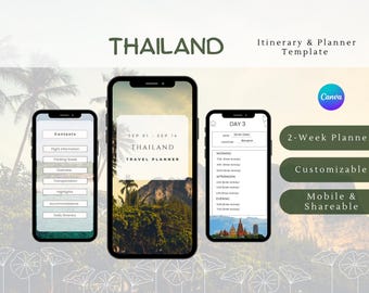 Thailand Travel Itinerary Template - Customizable Digital Planner in Canva - Includes Daily Itinerary, Activities & More.