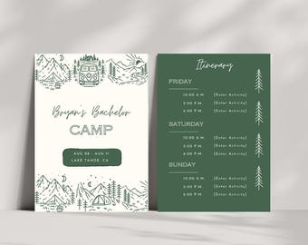 Camp Bachelor Party Invitation | Outdoor-Themed Party Invites & Itinerary | Printable and Mbile Template | Customizable Canva Templates