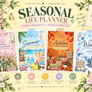 May include: A set of four seasonal life planners featuring spring, summer, autumn, and winter themes. Each planner cover displays unique illustrations, text, and seasonal motifs. The collection includes goal setting, planning, and reflection pages.