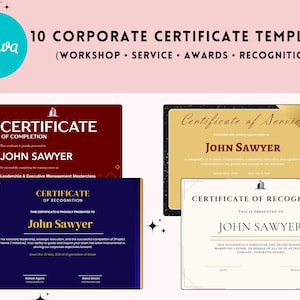 Puede incluir: Una colección de 10 plantillas de certificados corporativos con varios diseños, incluyendo un certificado de finalización rojo oscuro, un certificado de servicio dorado, un certificado de reconocimiento azul oscuro y un certificado de reconocimiento blanco.