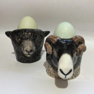 Può includere: Due porta uova in ceramica a forma di testa di pecora nera. Una pecora ha le corna e l'altra no. Entrambe le pecore hanno il viso bianco e la lana nera. Ogni tazza contiene un uovo verde chiaro.