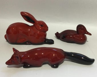 ロイヤルドルトン フランベ ダックの置物、オックスブラッドレッド釉