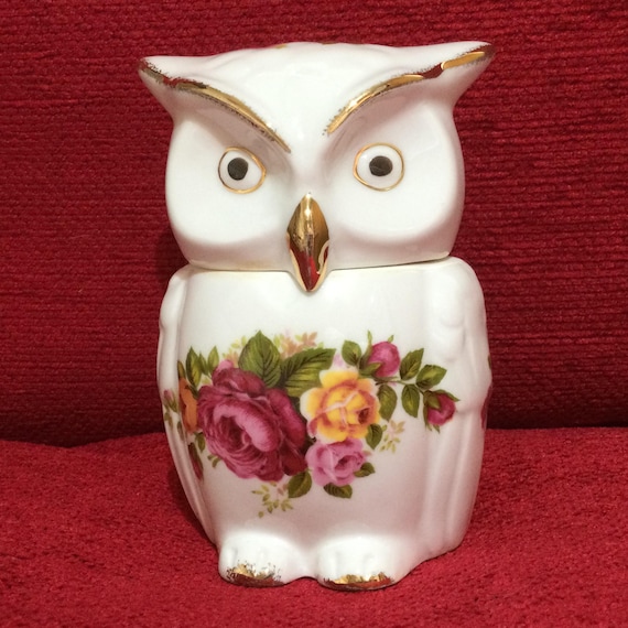 Kaolin ♡ミニチュアキャビネット♡ドールハウス ホワイト ダマスク柄 Vintage “COTTAGE ROSE” Fine Bone China OWL Lidded Trinket Pot - Etsy