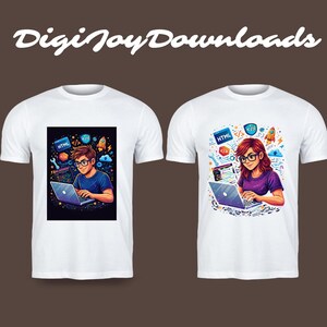 Peut inclure: Deux t-shirts blancs avec des graphiques colorés. L'un présente un dessin animé d'une personne avec des lunettes codant sur un ordinateur portable, entourée de symboles de codage. L'autre montre une personne avec des lunettes codant sur un ordinateur portable, avec des symboles de codage.