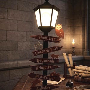 May include: A black lamp post with a glowing lantern top and multiple wooden directional signs pointing to Hogwarts, Quidditch Pitch, Hogsmeade, Gringotts, Hagrid's Hut, and Azkaban. An owl figure sits on the Hogwarts sign, and golden snitch icons are present.
