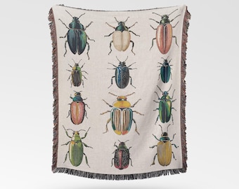 Beetle Tapestry Woven Blanket: Boho Vintage-Style Cotton Throw, USA Made