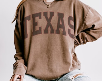 Texas Distressed Vintage Style Crewneck Sweatshirt | Bold Collegiate Black Font with Red Outline | 100% Cotton