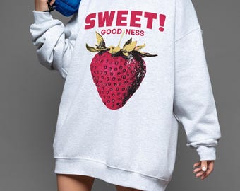 Sudadera retro de fresas, regalo moderno para ella, estilo vintage, cuello redondo, estética de mercado de agricultores, camiseta con estampado de fresas para amantes de la fruta