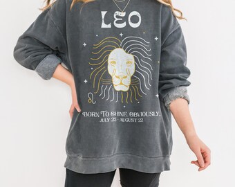 Sudadera personalizada Leo Comfort Colors® de cumpleaños, regalo para ella, estilo vintage, cuello redondo, signo zodiacal Leo, para amantes de la astrología, camiseta universitaria