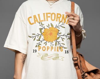 California Poppies Comfort Colors® Shirt Vintage 90's Inspired Gift for Her Trendy California T-Shirt Golden State Tee Flower Lover Gift