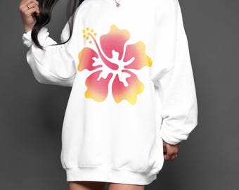 Hibiscus Gradient Crewneck Summer Sweatshirt Beach 90' Vacation Aesthetic Spring Break Gift Flower Lover Garden Aesthetic Gift for Her