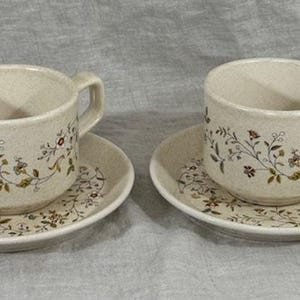 Op de afbeelding: Twee bijpassende beige kopjes en schotels met bloempatronen. De kopjes hebben oren en staan op ronde schotels. Het bloemmotief bevat bruine, groene en rode accenten. De set staat op een neutrale achtergrond.