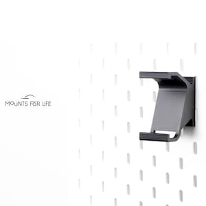 May include: A black wall mount hook for hanging items on a pegboard wall. The hook is made of plastic and has a simple design. "MOUNTS FOR LIFE" is printed on the white background.