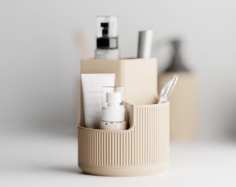 Modern Ribbed Round Organizer for Bathroom | Desk | Art Supplies | Makeup | Vanity