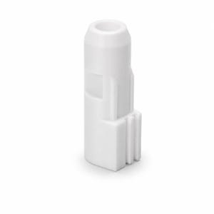 May include: A white cylindrical plastic component featuring a hollow top opening, a smooth upper body, and a base section with three vertical protruding ribs on one side. The object has a clean, matte finish and a structured, functional design.