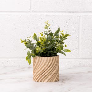 Op de afbeelding: Een kleine potplant met groene en gele bladeren in een beige pot met spiraalpatroon. De pot is cilindrisch en heeft een textuuroppervlak. De plant staat op een wit marmeren oppervlak.