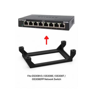 May include: A black Netgear GS308 network switch with eight Ethernet ports positioned above a black mounting bracket. A red arrow points from the bracket to the switch. Text below reads: Fits GS308V3 / GS308E / GS308T / GS308EPP Network Switch.