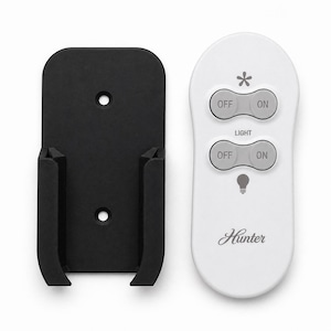 May include: A white Hunter ceiling fan remote control with a black mounting bracket. The remote has buttons for fan speed and light control. The bracket is black and has a curved design to hold the remote.