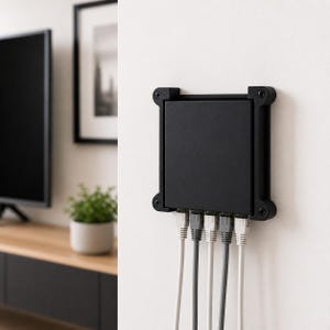Könnte beinhalten: Ein schwarzes Netzwerkgerät an einer weißen Wand. Mehrere Netzwerkkabel in Grau- und Weißtönen sind an das Gerät angeschlossen. Das Gerät hat eine quadratische Form mit abgerundeten Ecken.