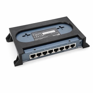 May include: A blue TP-Link 8-port Gigabit desktop switch model TL-SG108 secured within a black plastic mounting bracket. The device features eight Ethernet ports numbered one through eight, with the brand name and model clearly visible on the casing.
