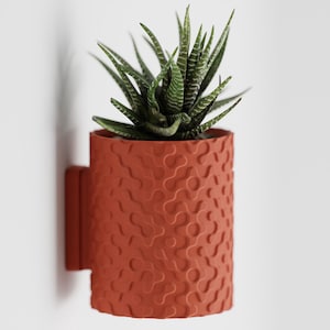 May include: A terracotta-colored wall-mounted planter with a textured surface holds a small succulent plant. The planter has a built-in bracket for easy hanging.
