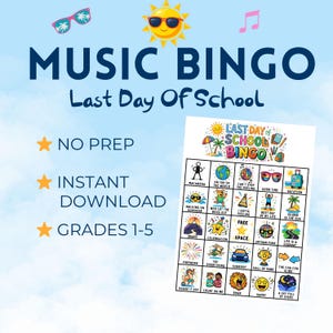 Op de afbeelding: Een kleurrijk "Music Bingo" spelblad voor de laatste schooldag, met zomerse illustraties en zinnen als "Vakantie" en "Good Time". Bevat de tekst "No Prep", "Instant Download" en "Grades 1-5".