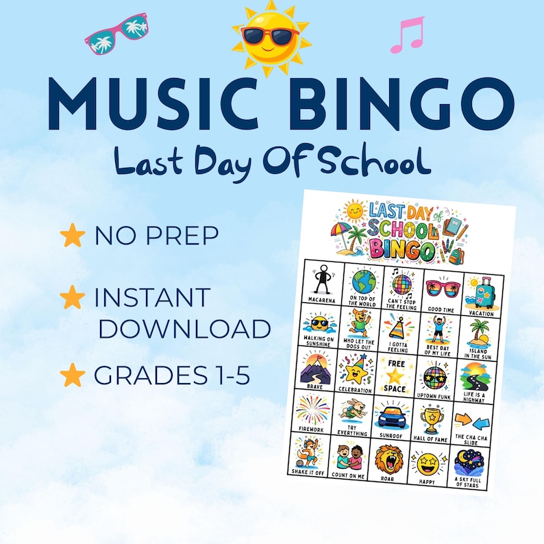 Op de afbeelding: Een kleurrijk "Music Bingo" spelblad voor de laatste schooldag, met zomerse illustraties en zinnen als "Vakantie" en "Good Time". Bevat de tekst "No Prep", "Instant Download" en "Grades 1-5".